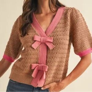 Anniewear Bow Patch Puff Sleeve Textured Sweater Cardigan Brown Pink Small NEW